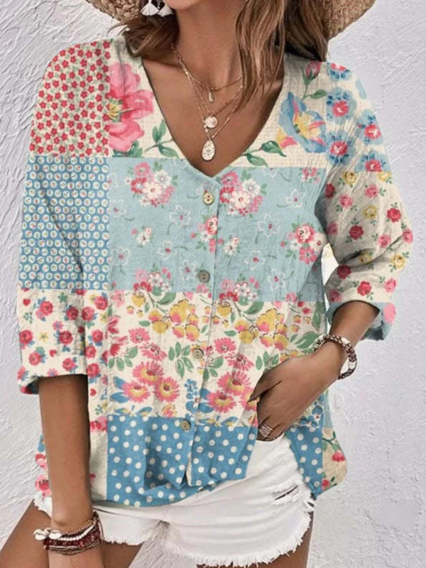 Lydia - Floral patchwork button blouse