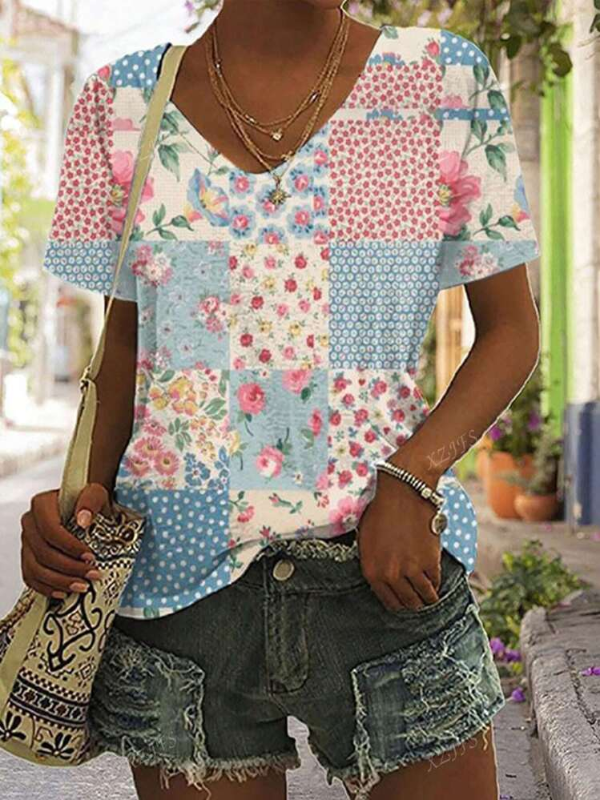 Philippa - Floral patchwork v-neck tee