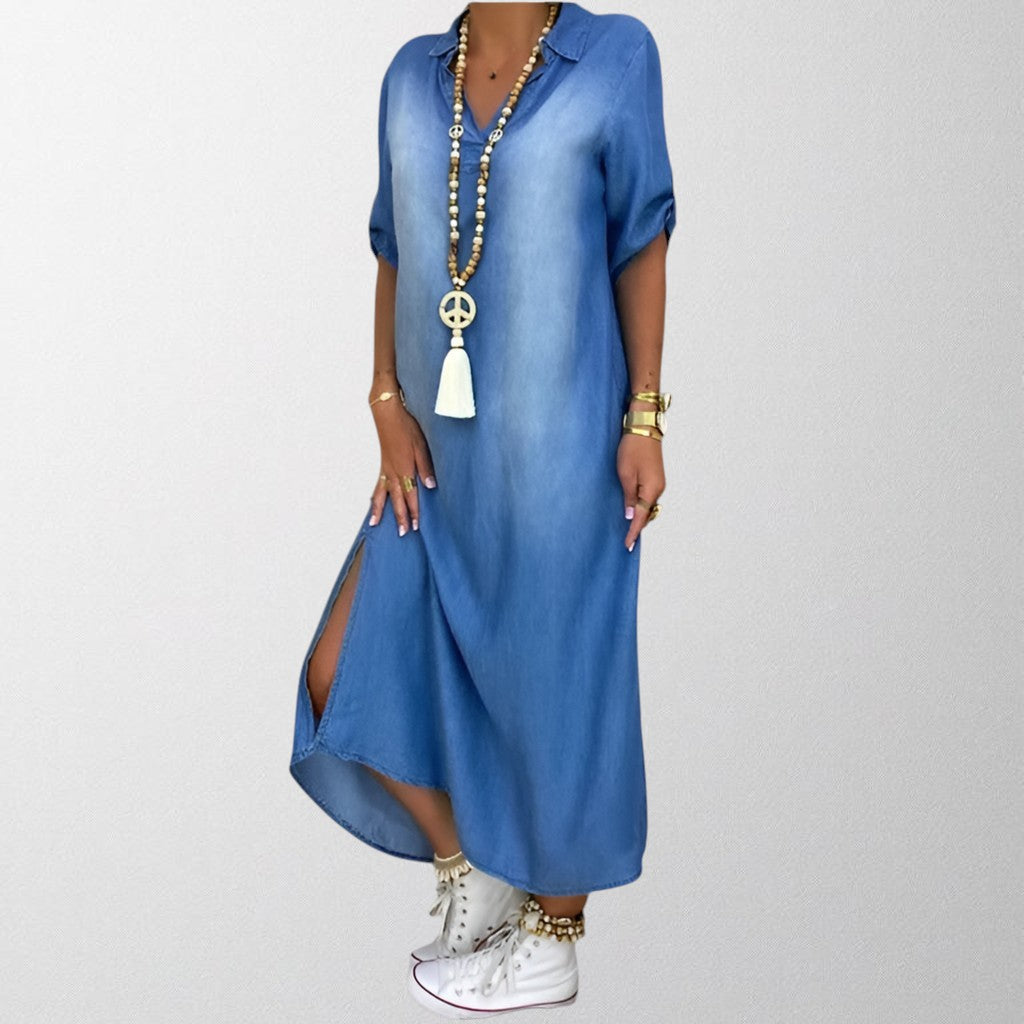 Olivia- Long dress in denim look with side slit