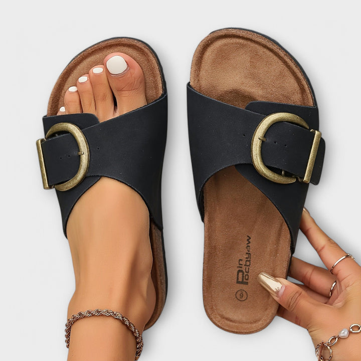 Margie – Women's Cork Slip-On Sandals with Buckle Strap Design