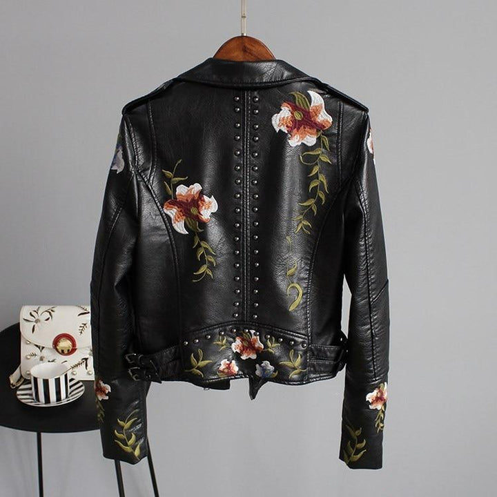 Jordia - Women's Leather Jacket With Floral Accents