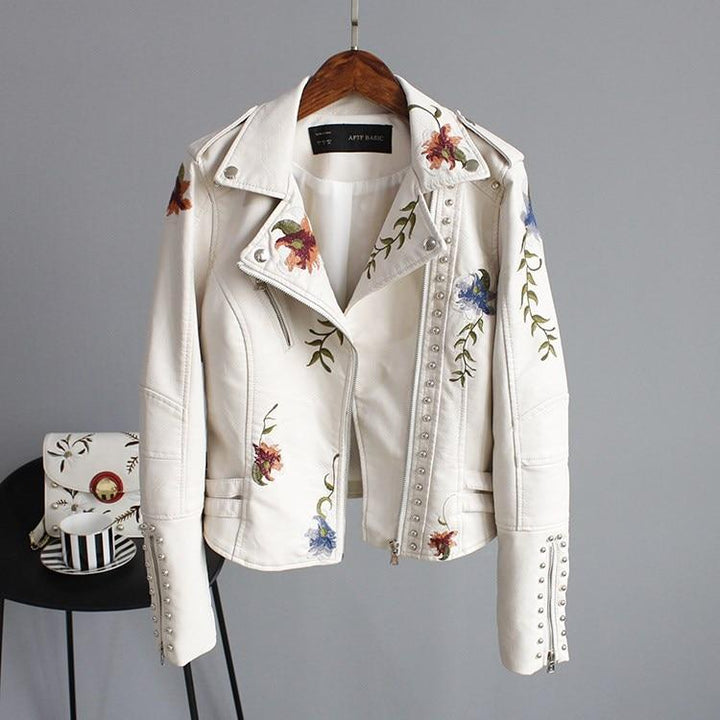 Jordia - Women's Leather Jacket With Floral Accents