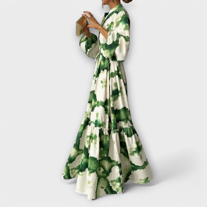 Melina – Green Maxi Dress with Long Sleeves and V-Neckline