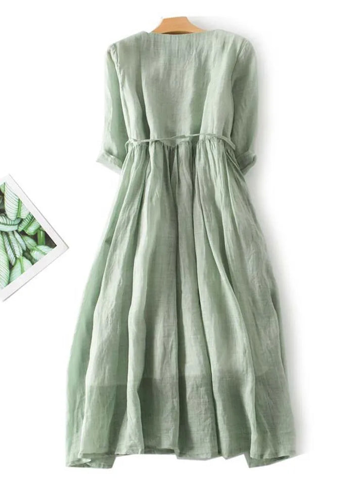 Clara - Womens Art Retro Round Neck Lace Up Waist Dress