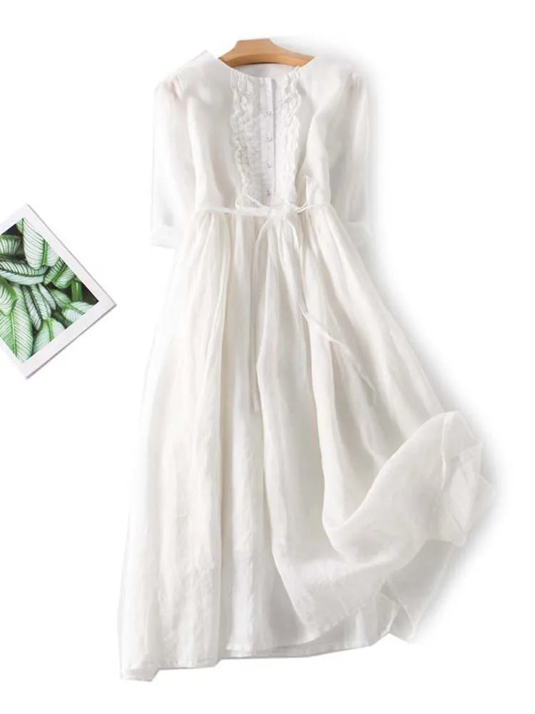 Clara - Womens Art Retro Round Neck Lace Up Waist Dress