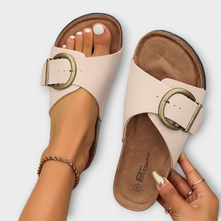 Margie – Women's Cork Slip-On Sandals with Buckle Strap Design